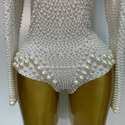 Luxury Pearl Long Sleeve Spandex Stretch Bodysuit Evening Stage Performance Costume