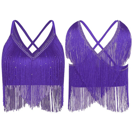 V-Neck Crisscross Back Tassel Fringe Crop Top Latin Salsa Dance Costume