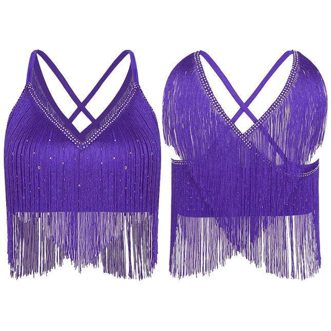 V-Neck Crisscross Back Tassel Fringe Crop Top Latin Salsa Dance Costume