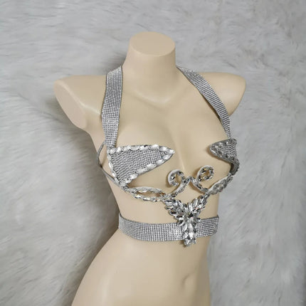 Sparkly Silver Carnival Rhinestone Wire Bra Festival Push-Up Dance Top