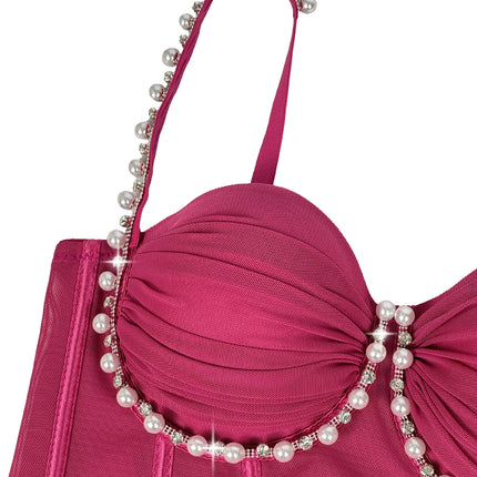 Pearl & Rhinestone Embroidered Bustier Corset Crop Top High Street Bralette