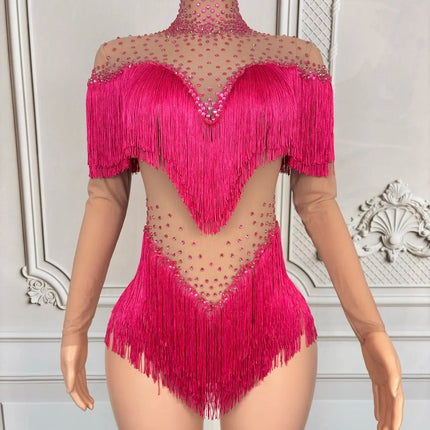 Sparkly Rhinestone Tassel Fringe Dance Performance Costume Stage Bodysuit