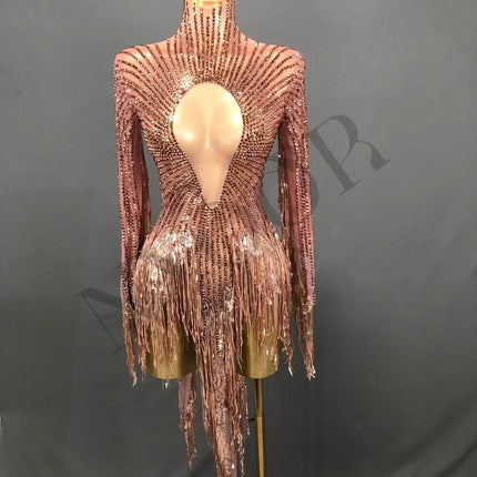 Gold Crystal Fringe Illusion Mini Dress Sparkly Rhinestone Stage Dance Costume