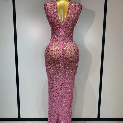 Sparkly Rhinestone Sleeveless Maxi Long Dress See-Through Sheer Mesh Stage Outfit