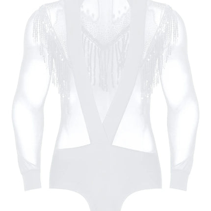 Men's Latin Salsa Sequin Tassel & Rhinestone V-Neck Performance Leotard Bodysuit