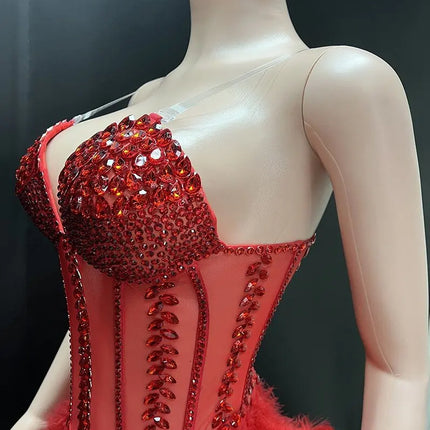 V-Neck Crystal Corset High-Low Feather Gown & Special Occasion Birthday Dress