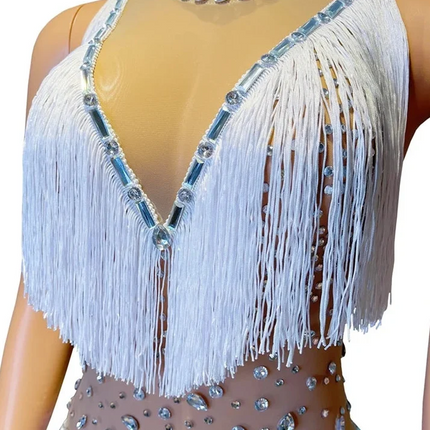 Silver Shattered Rhinestone Tassel Bodysuit Sheer Illusion Stage Jumpsuit