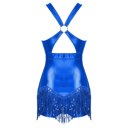 Sequined Fringe Cross-Front Latin Dance Leotard Costume Dress