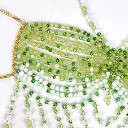 The Stardust Emerald Goddess – Handmade Green Rhinestone & Beaded Tassel Body Chain Halter Top