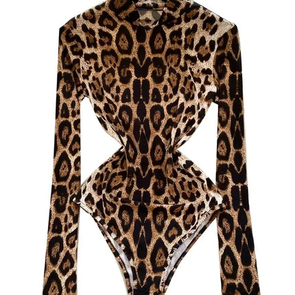 Leopard Print Long-Sleeve Stand Collar Bodysuit Sexy Cutout Stage One-Piece