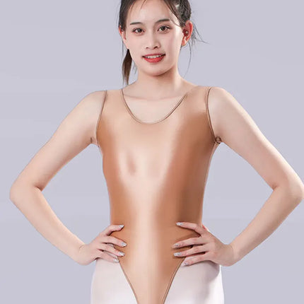 Backless High-Cut Sheer Oil Glossy Bodysuit Satin Smooth Leotard