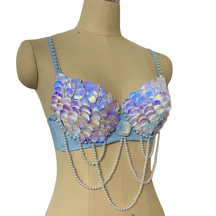 Handmade Mermaid Sequin Pearl Shell Belly Dance Bra Festival Rave Top