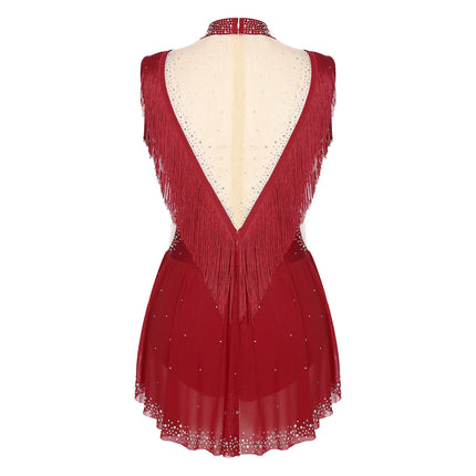 Rhinestone Mock Neck Mesh Tassel Leotard