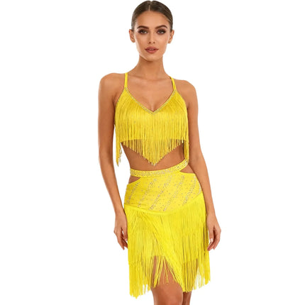 Sparkly Rhinestone & Tassel Fringe Two-Piece Latin Tango Dance Outfit Set