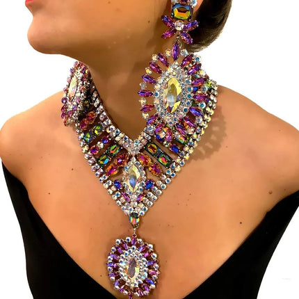 Exaggerated Rhinestone Statement Necklace Earrings Set