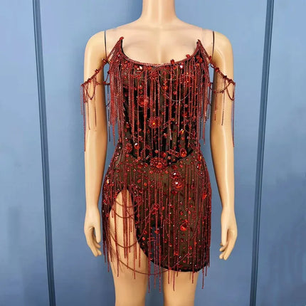 Red Party Diamond Chains Strapless Dress Women Evening Celebrate Red Carpet Catwalk Cocktail Dress Singer Concert Stage Costume
