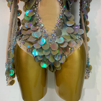Iridescent Mermaid Scale Sequin & Rhinestone Illusion Bodysuit Stage Costume