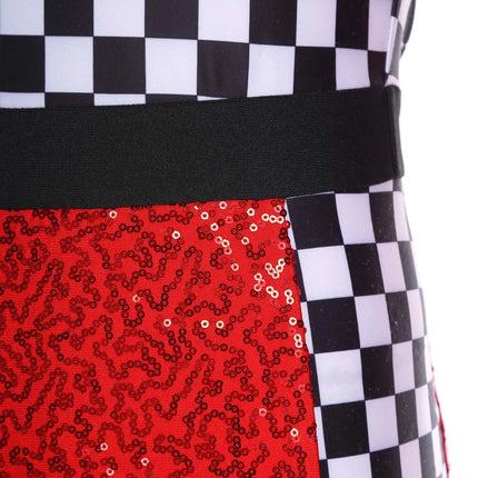 Sequin Checkerboard Car Racing Driver Costume Cutout Long Sleeve Romper Jumpsuit