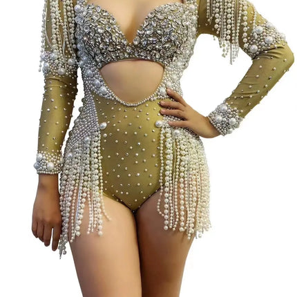 The Stardust Diamond Cutout Bodysuit – Luxury Rhinestone & Pearl Fringe Showgirl Costume
