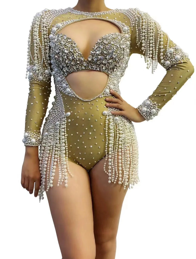 The Stardust Diamond Cutout Bodysuit – Luxury Rhinestone & Pearl Fringe Showgirl Costume
