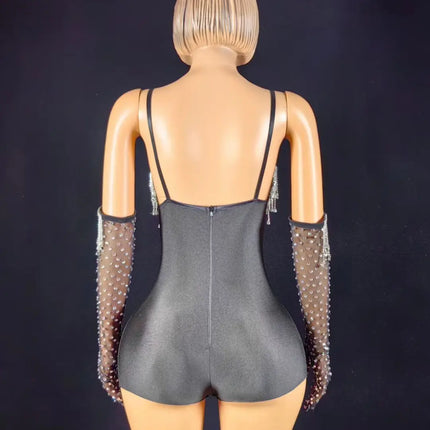 Black Spandex Crystal Tassel Bodysuit with Matching Gloves Stage Performance Set