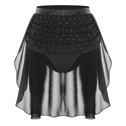 Womens Modern Lyrical Dance Skirt Performance Costume Sparkly Rhinestone Irregular Chiffon Hem Built-in Briefs Skirt Dancewear