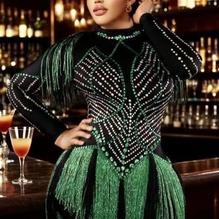 Sparkly Rhinestone Tassel Fringe Dance Performance Mini Dress Stage Bandage Dress