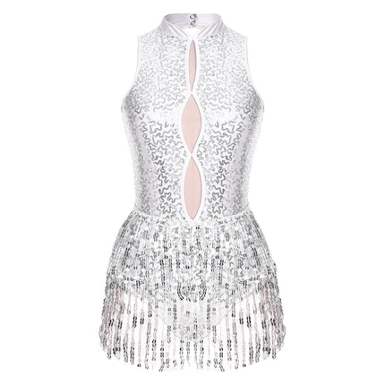 Glitter Sequin Fringe Latin Dance Leotard & Backless Performance Bodysuit