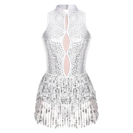 Glitter Sequin Fringe Latin Dance Leotard & Backless Performance Bodysuit