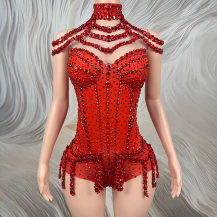 Sparkly Rhinestone Tassel Spandex Bodysuit Halter Dance Stage Costume Leotard