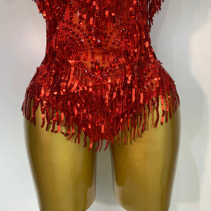 Sparkly Rhinestone Tassel Backless Mesh Bodysuit Luxury Stage Performance Costume