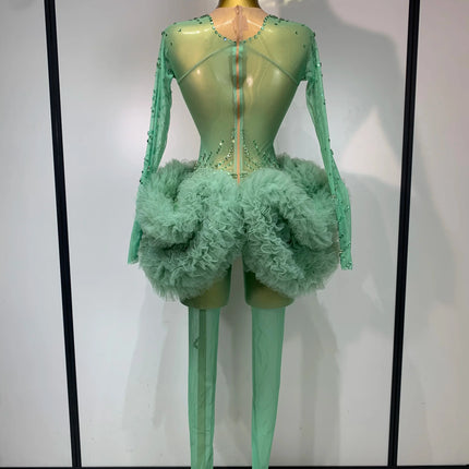 Luxury Green Diamonds Mesh See-Through Long Sleeve Jumpsuit Stage Performance Costume