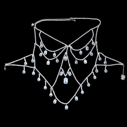Oversized Glass Crystal Chest Chain Lingerie Vest Drag Queen Stage Body Jewelry