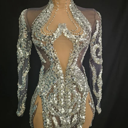 Sparkly Silver Rhinestone & Sequin Sheer Mesh Mini Dress Stage Costume