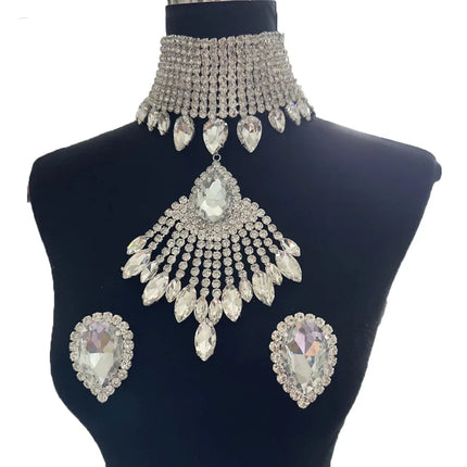 Oversized Crystal Rhinestone Tassel Choker & Earrings Drag Queen Jewelry Set