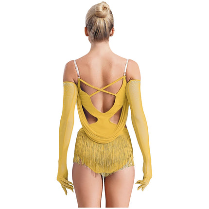 Sparkly Rhinestone & Tassel Fringe Dance Leotard with Gloves Two-Piece Stage Costume