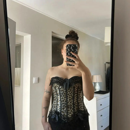 Leopard Satin Overbust Corset Lace Bowknot Clubwear Showgirl Body Shaper