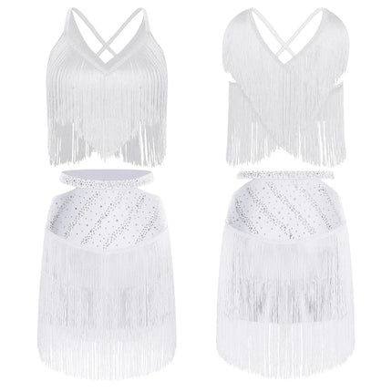 Sparkly Rhinestone & Tassel Fringe Two-Piece Latin Tango Dance Outfit Set