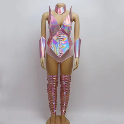 Bar Nightclub DJ Gogo Dance Costume Women Pink Laser Leather Armor Bodysuit Leg Cover Rave Outfit Party Show Drag Queen Costume
