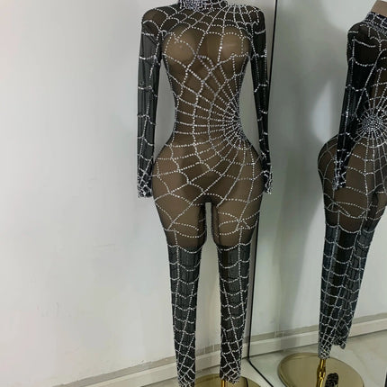 Black Spider Mesh Jumpsuit For Women Sexy Long Sleeve Performance Rompers Dance Show Stage Costume
