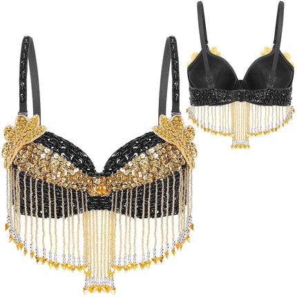 Sparkly Floral Beaded Sequin Belly Dance Bra & Tassel Performance Top