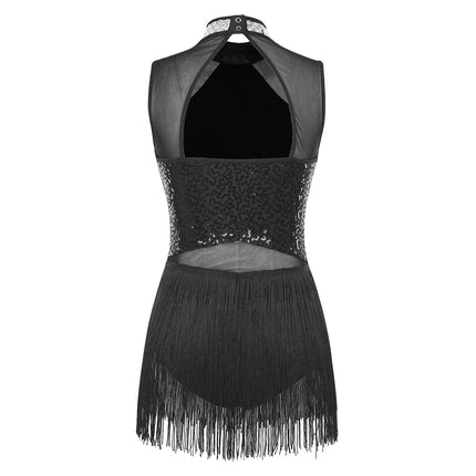 Women Sequins Diamond Latin Jazz Dance Costume Sleeveless Cutout Back Flowy Tassel Dress Leotard Tango Cha-Cha Samba Dancewear