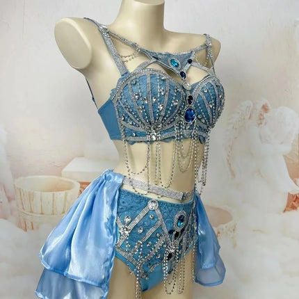 Nightclub Bar Sexy Stage Wear Blue Rhinestones Beading Bikini Gogo Dancer Electric Music Festival Outfit Party Show Costume