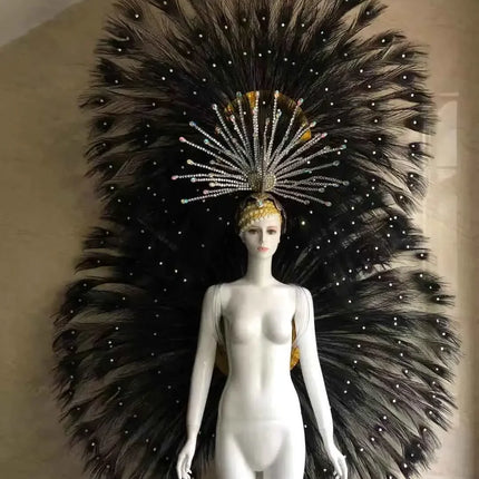 Showgirl Feather Backpiece and Rhinestone Headdress Set