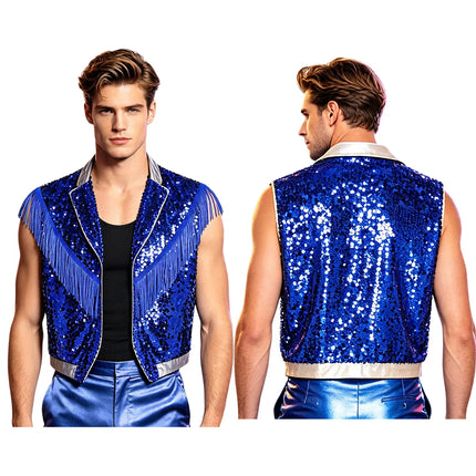 Men's Metallic Sequin Tassel Open-Front Vest Lapel Collar Sleeveless Stage Dance Waistcoat