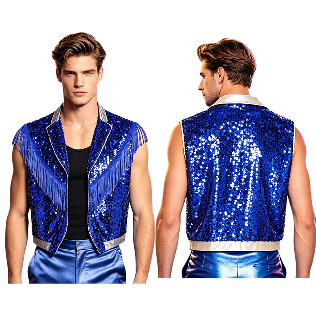 Men's Metallic Sequin Tassel Open-Front Vest Lapel Collar Sleeveless Stage Dance Waistcoat