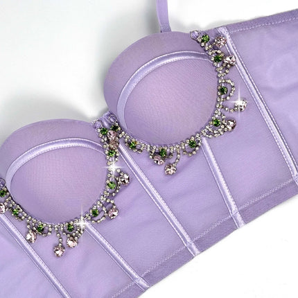 Mesh Bustier Corset Crop Top Diamond Embroidery Tassel Evening Party Bralette