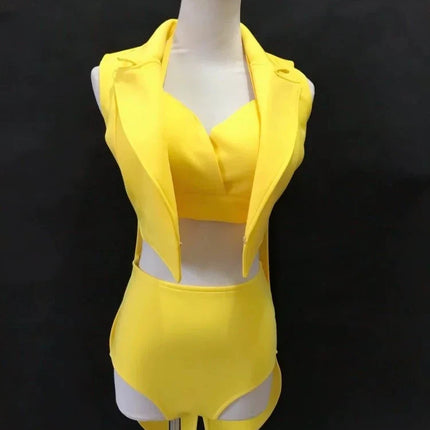 Female Jazz Dance Team Costume Black Yellow Bikini Tailcoat 3 Pieces Set Women Singer Nightclub Sexy Stage Wear Cosplay Outfits