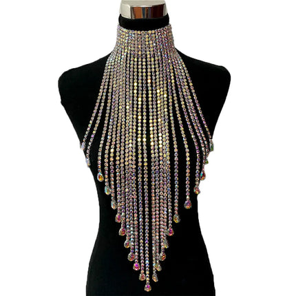 Luxury Rhinestone Long Tassel Statement Choker – Waist-Length Crystal Drop Necklace for Weddings, Galas & High-Fashion Clubwear