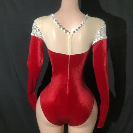 Sparkly Rhinestone Long-Sleeve Bodysuit Stage Performance Costume